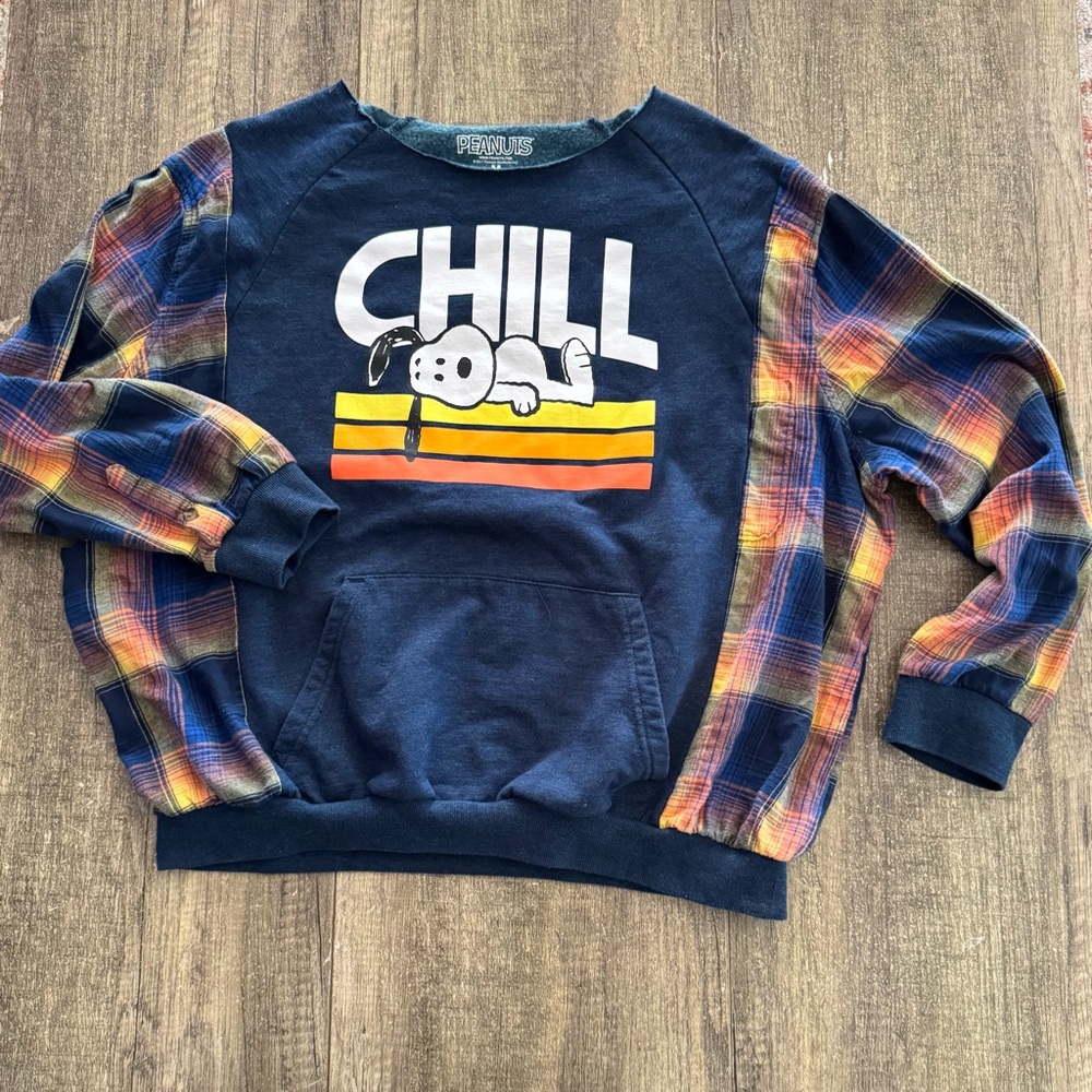 Peanuts Reworked upcycled sweatshirt w/flannel sleeves made by Madi Mac Fashions